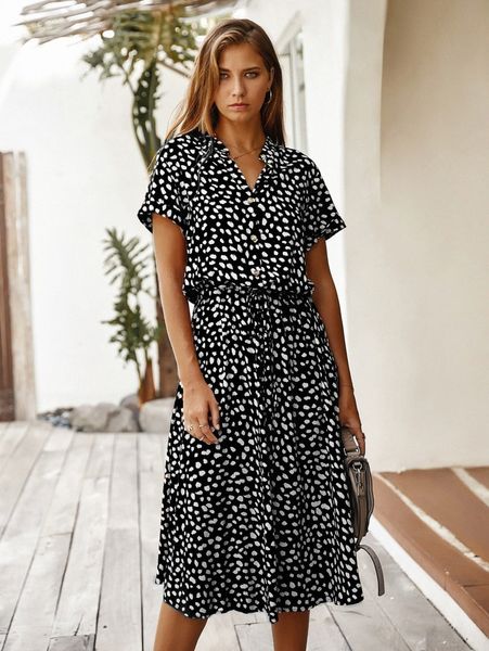 

dalmatian print drawstring waist a-line dress o07j#, Black;gray
