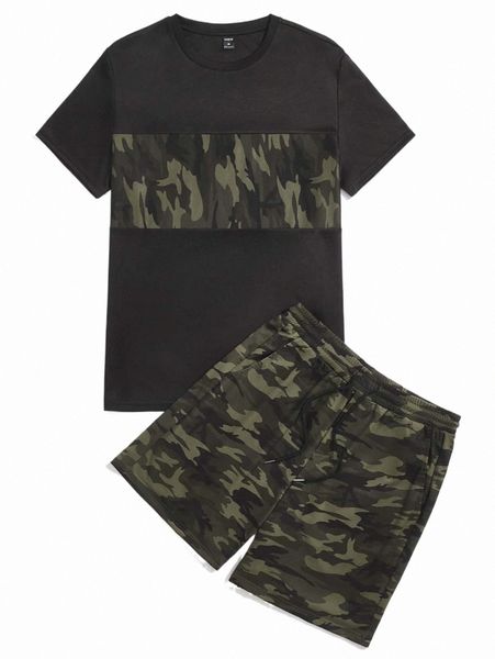 

men camo print tee & drawstring pocket shorts 22tm#, Gray