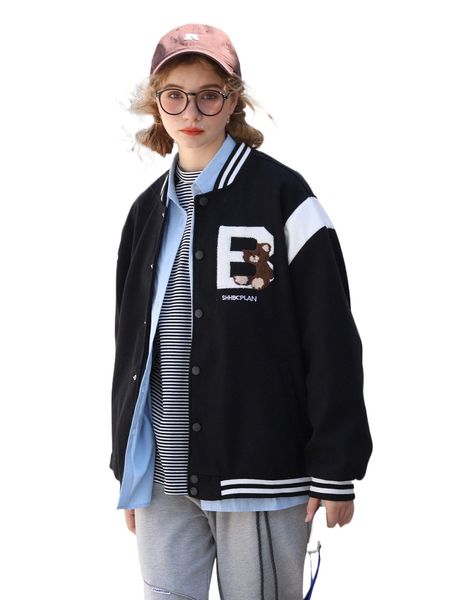 

letter & bear pattern striped trim drop shoulder bomber jacket j2nt#, Black;brown