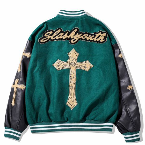 

american hip-hop flocking cross embroidery varsity jacket men street pu leather stitching bomber jacket couple baseball uniform 220805, Black;brown