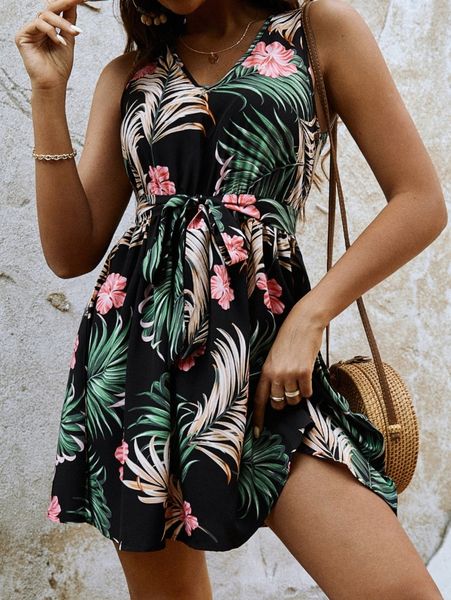 

tropical print belted dress z6eg#, Black;gray