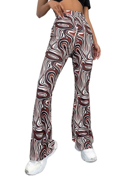 

marbled print flare leg pants e6mj#, Black;white