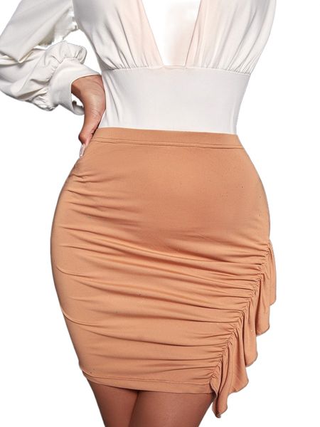 

sxy ruched ruffle trim bodycon skirt r1dw#, Black