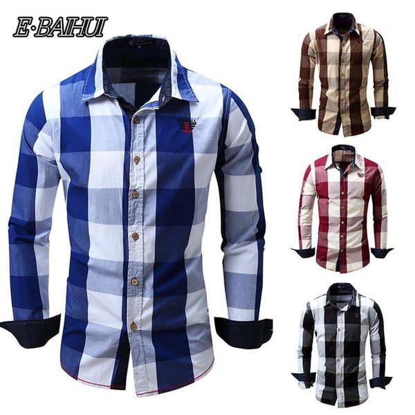

e-baihui brand men's fashion plaid shirt full sleeve casual shirts men streetwear business cotton camisa masculina chemise ho292j, White;black