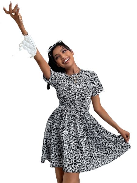 

ditsy floral shirred waist a-line dress c5np#, Black;gray