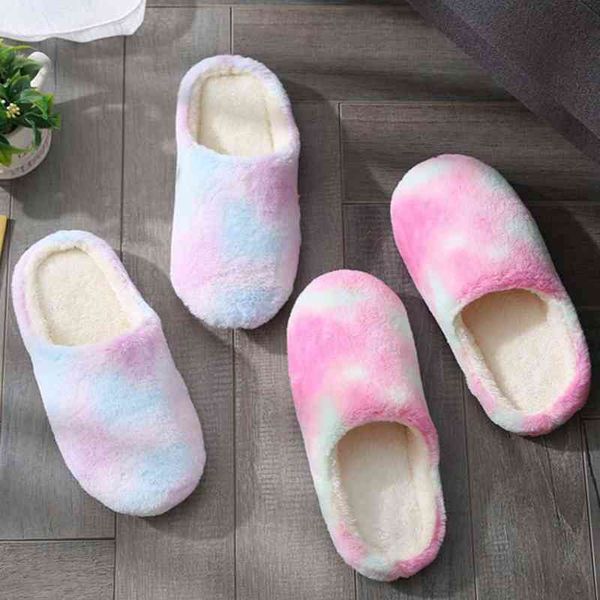 Slippers 2022 Mulheres Women Winter Warm Home Slippers Casais Casas Rainbow Color