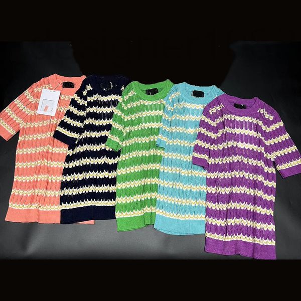

women's knits & tees designer 2022 summer new simple hollow out contrast striped round neck light loose thin knitted pullover women&#03, White