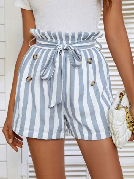 

striped button decor belted paperbag shorts x2v6#, White;black