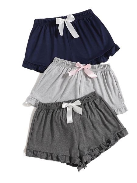 

3pcs ruffle hem bow front sleep shorts 40ct#, Black;red