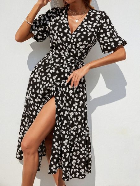 

allover floral print knot side wrap hem dress f91i#, Black;gray