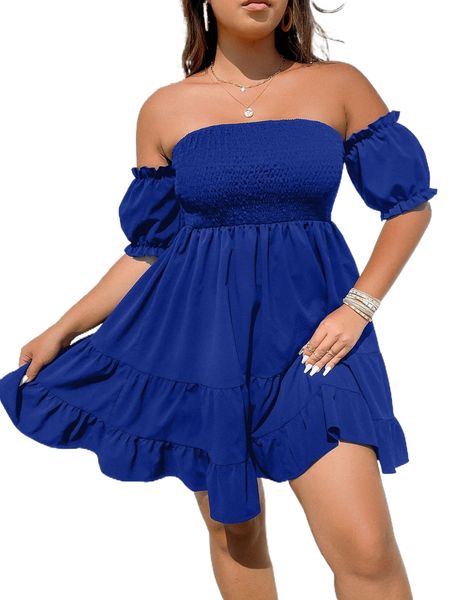 

plus off the shoulder shirred ruffle hem dress e9tw#, Black