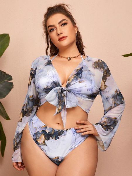 

3pack plus marble print halter triangle bikini swimsuit & cover up 17if#, White;black