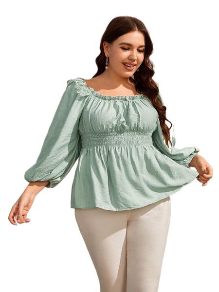 

plus eyelash lace panel shirred lantern sleeve peplum blouse y6fr#, Black