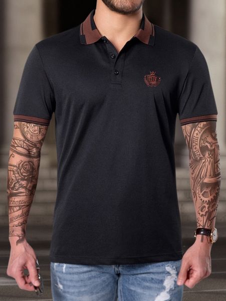 

men striped trim embroidery polo shirt l5tr#, White;black