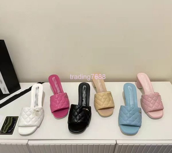 

slippers xiaoxiangfeng slippers spring high-heeled lingge c-button casual wear square head open toe flip flops for women, Black