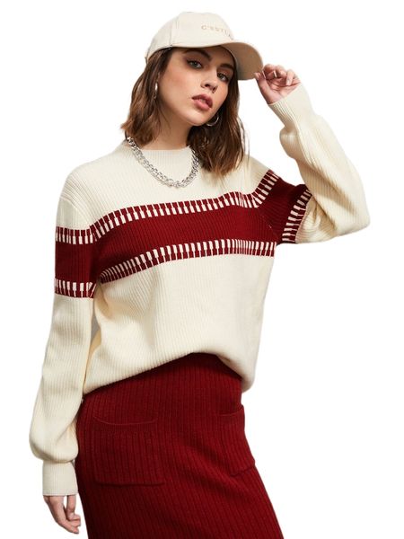 

drop shoulder colorblock sweater i2fm#, White;black