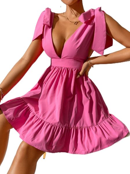 

petite tie shoulder plunging neck ruffle hem dress w2ld#, Black;gray