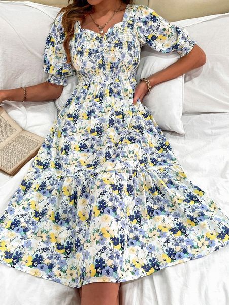 

allover floral shirred a-line dress g1bt#, Black;gray