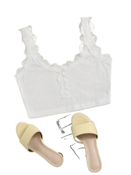 

solid lace trim crop tank x9a9#, White