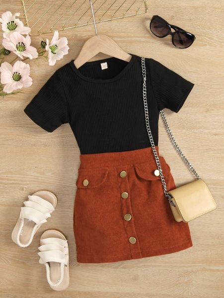 

toddler girls ribbed knit tee & fake button skirt she, White