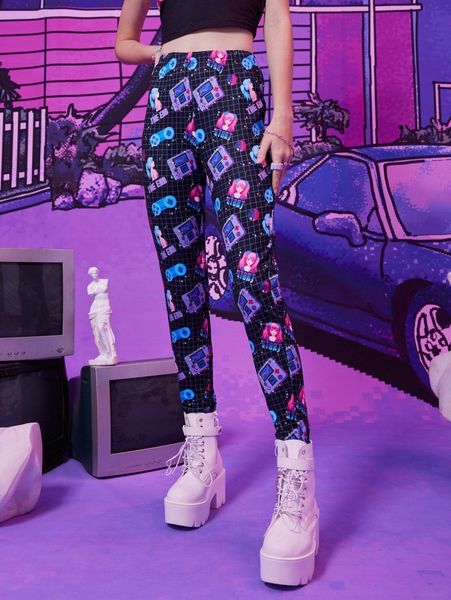 

romwe anime plaid figure print leggings h9xg#, White;black