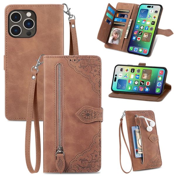 Reißverschluss Geldbörse Brieftasche Handyhüllen Prägemuster für iPhone 14 13 12 Mini 11 Pro XR XS Max 7 8 Plus Kartensteckplatz PU-Leder Flip Stand Cover Lanyard Multi hohe Kapazität