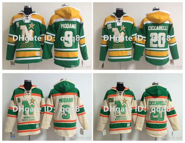 Üst kalite ! North Stars Eski Zamanlı Hoodie Hokey Formaları 20 Dino Ciccarelli 9 Mike Modano Yeşil Beyaz Külot Sweatshirt Kış Ceket