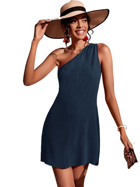 

solid one shoulder dress x6re#, Black;gray