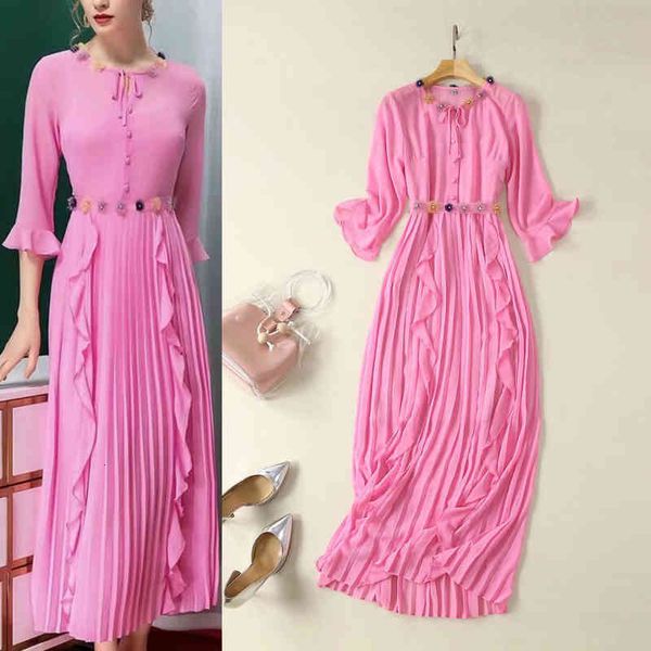 

casual dresses spring and summer women's dress with three-dimensional flower collar wood ear stitching crimping flare sleeve, Black;gray