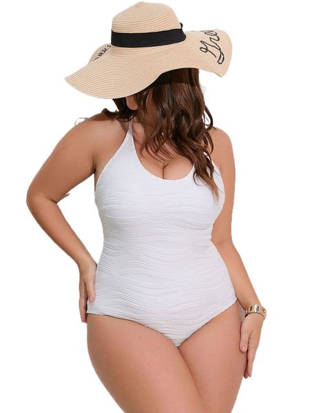 

plus textured lace-up back one piece swimsuit g1tu#, White;black