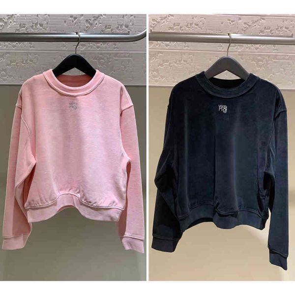 

women's hoodies sweatshirts dang family autumn winter corduroy loose round neck sweater women's wang letter diamond studded sports, Black