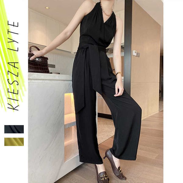 

women wide leg jumpsuit sleeveless lace up drape fashion elegant lady bodycon long overall jumpsuits female spring summer 210608, Black;white
