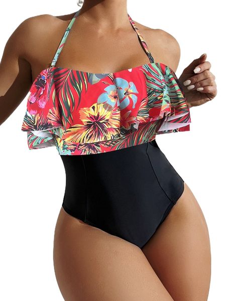 

tropical print ruffle hem one piece swimsuit r9lj#, White;black