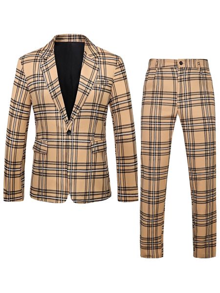 

men plaid print single button blazer & tailored pants 293g#, White;black