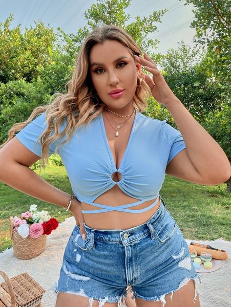 

plus ring detail tie back rib knit tee x9ge#, Black