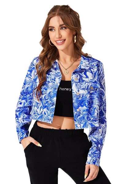 

single breasted flap detail marble print jacket n8k4#, Black;brown
