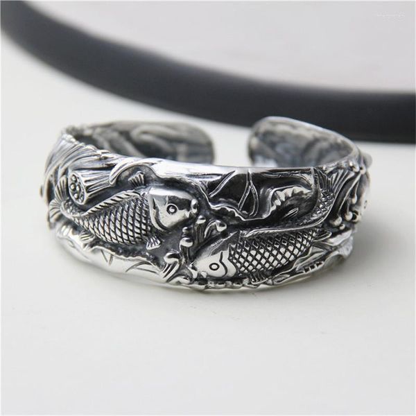 Bangel Antique Thai Silber Armreifen 100% S990 Sterling Karpfenfisch geschnitztes Armband für Männer Frauen Schmuck 25mm 45G TYC0BANGLE INTE22