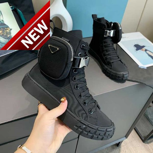 

2021 designers wheel re-nylon sneakers men women platform casual shoes high with bag combat boots all-match stylist shoe lace up flat, Black