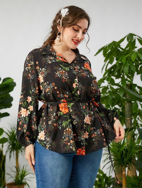 

plus floral print lantern sleeve belted blouse 079b#, Black