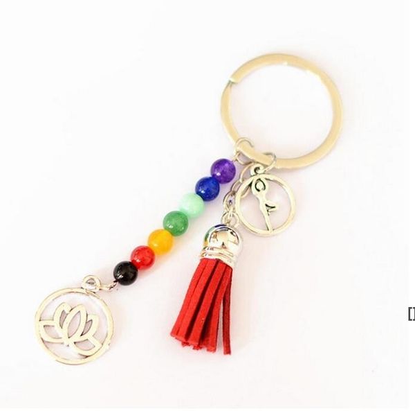 

seven chakra stone tassel keychain pendant lotus reiki healing yoga natural gemstone beaded key chain creative keyring zze13593, Silver
