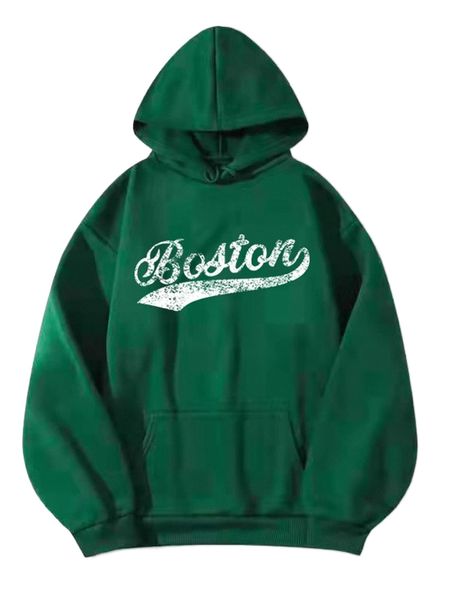 

letter graphic kangaroo pocket drawstring thermal hoodie o6r7#, Black