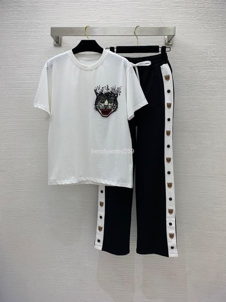 

women's two piece pants early spring fashion suit hutou heavy industry embroidery letter printing t-shirt trouser leg split straight pa, White