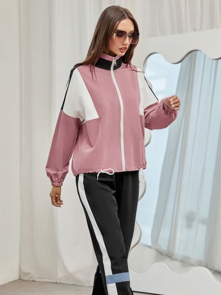 

color block batwing sleeve drawstring hem zipper jacket & pants r2bx#, White