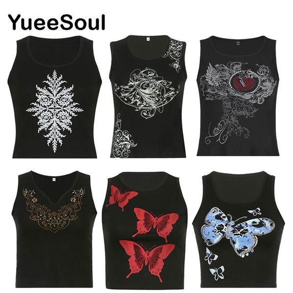 

black crop print sleeveless casual tank y2k aesthetic fairy grunge gothic sweet cute 90s egirl camisole 220607, White