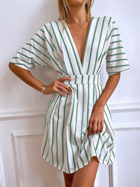 

striped plunging neck fold pleated detail dress k9hm#, Black;gray