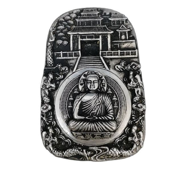 

chinese old tibetan silver relief inkstone plate with silver the buddha statue inkstone