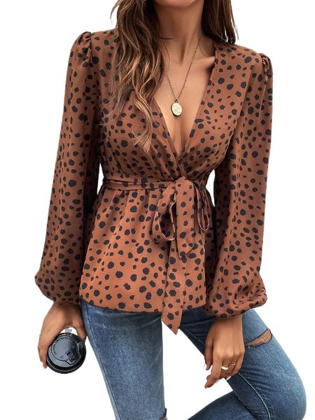 

dalmatian print lantern sleeve belted blouse k32n#, White