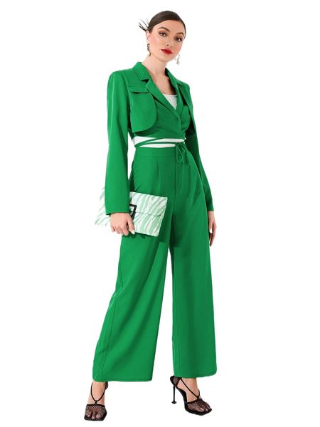 

lapel neck 2 in 1 crop blazer & wide leg pants j3xb#, White