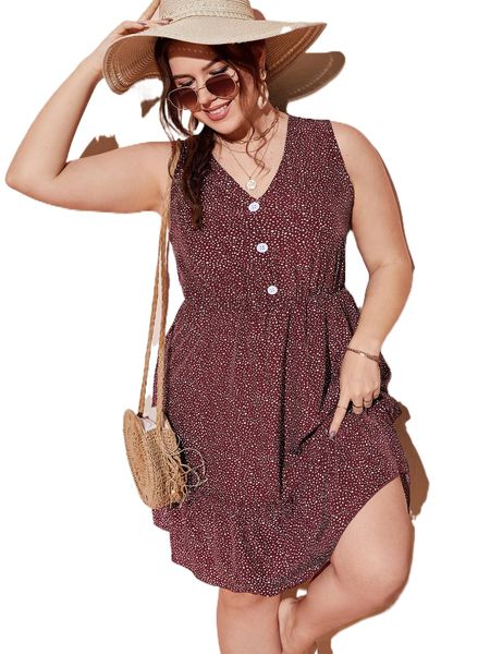 

plus dalmatian print fake button ruffle hem dress v2as#, Black