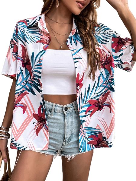 

tropical print drop shoulder blouse without camisole j5le#, White